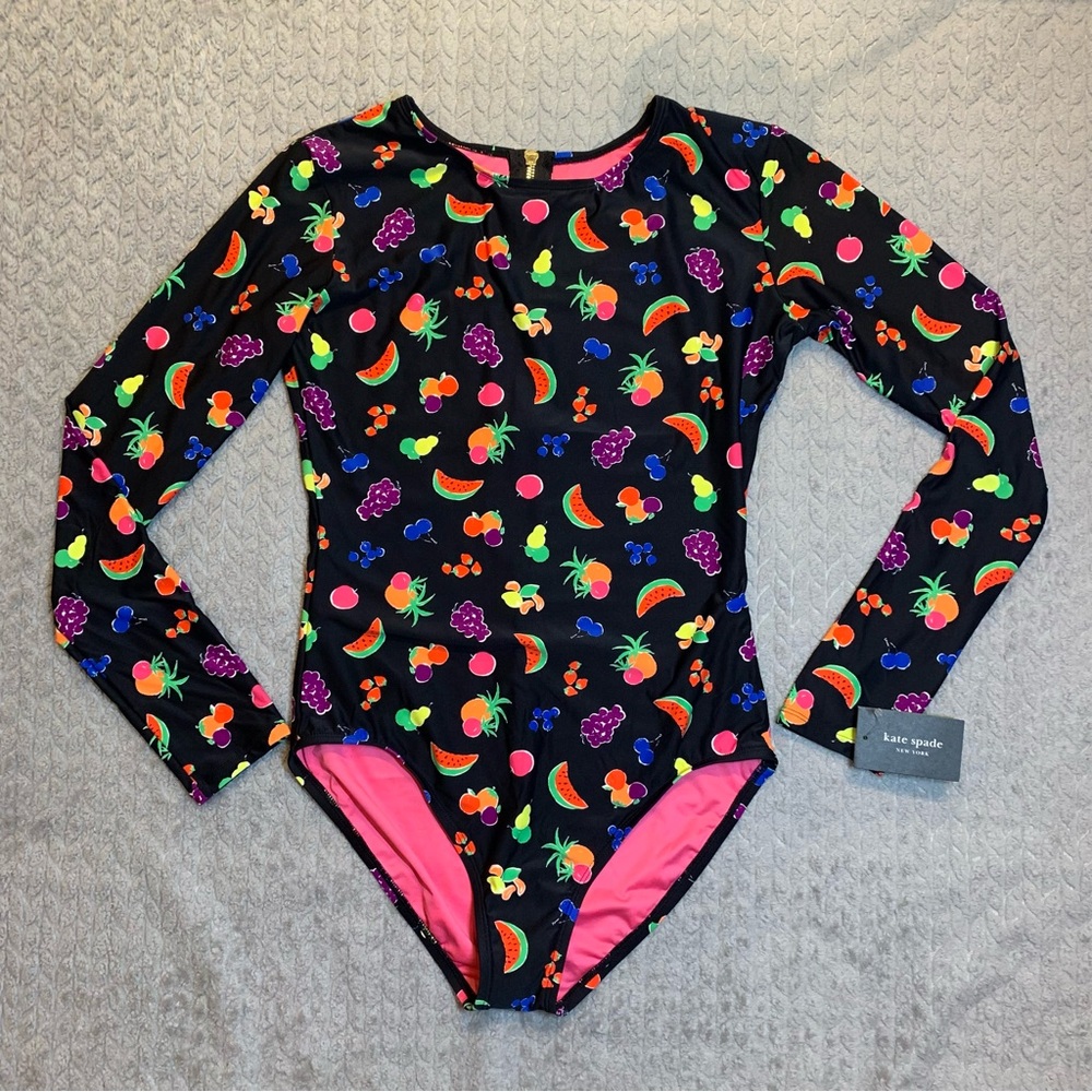 KATE SPADE NY Fruit Print Long Sleeve One Piece Swimsuit Black Rash Guard NWT